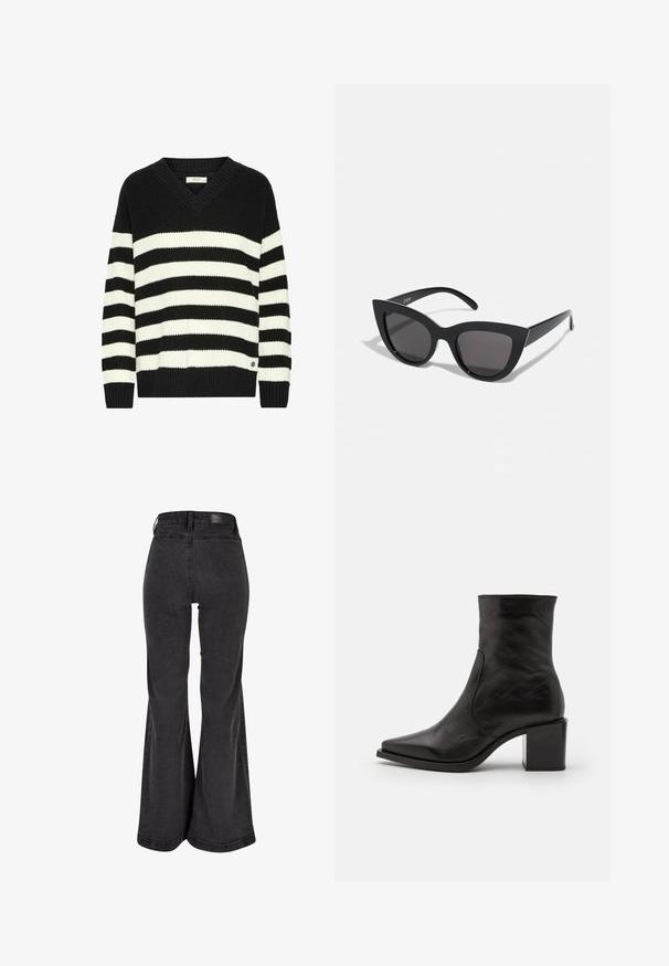 Fekete-fehér csíkos pulóver V-nyakkivágással, bordázott textúrával, hosszú ujjakkal és kis logó részlettel az alsó szegélynél. Kötött anyagból készült.; Fekete, flared farmernadrág sima textúrával, magas derékkal és a hátán elhelyezett márkás folttal. Széles lábú kialakítású, megerősített varrással.; Fekete bőr bokacsizma négyzet alakú orral és blokk sarkával. A dizájn sima felületű és minimális varrási részletekkel rendelkezik.; Fekete macskaszem napszemüveg matt felülettel, szürke árnyalatú lencsékkel, éles vonalakkal és karcsú oldalsó karokkal. A márkaneve látható a belső karon.