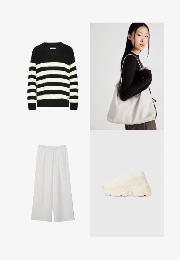 Črno-bela prugasta pulover s V-izrezom, rebrasto teksturo, dolgimi rokavi in majhnim logotipom na robu. Narejen iz pletene tkanine.; Bele široke hlače iz lahkega materiala, ki imajo elastičen pas in vrvico za prilagajanje. Gladka tekstura.; Debele bele športne copate, izdelane iz teksturirane mrežaste in sintetične materialov, z debelim podplatom in zapletenimi vzorčičnimi detajli ob straneh.; Bežna torbica iz mehkega materiala, z ohlapno zasnovo, šivi in dvema naramnicama. Primerna za vsakodnevno uporabo.