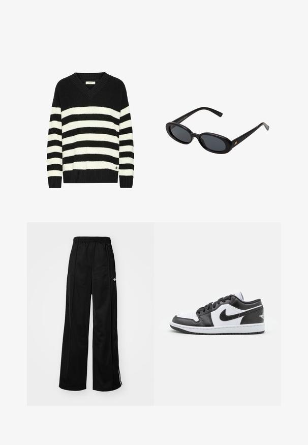Zwart-wit gestreepte trui met een V-hals, ribbeltextuur, lange mouwen en een klein logo-detail aan de zoom. Gemaakt van gebreid materiaal.; Zwarte wijde trainingsbroek met een elastische tailleband, voorzien van witte zijkanten en een klein logo op de linker heup. Stevige stoftextuur.; Zwart-witte Nike lage sneakers hebben een glad leren bovenwerk, een ronde neus, vetersluiting en een gestippelde rubberen zool.; Zwarte oversized zonnebril met ovale lenzen, een glad plastic montuur en gouden accenten op de pootjes. Donkere lenzen bieden bescherming tegen de zon.