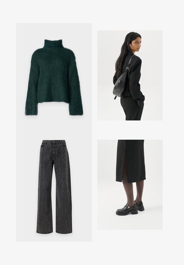 MSCH Copenhagen ANNALISA - Pulover - pine grove; Noisy May NMJANNEL LOOSE - Široke kavbojke - black denim; Črne usnjene čevlje s zaobljenim prstom, debelim blokastim petama in elastičnimi stranskimi detajli, v kombinaciji s temno nogavicami in črno krilo z razporkom.; Ženska z dolgimi temnimi lasmi, oblečena v črn kostim, nosi črno usnjeno torbo čez ramo in se ozira čez ramo proti beli podlagi.; Srebrne uhane v obliki obroča z minimalističnim dizajnom. Krožna oblika, gladka tekstura in tanek profil. Lahki s poliranim zaključkom.