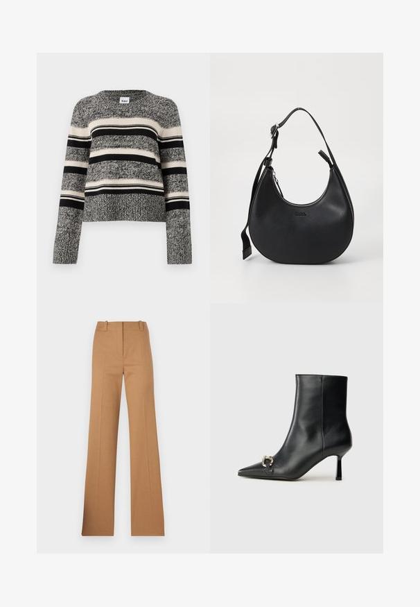 Pulover tricotat în negru, alb și gri, având dungi orizontale și guler rotund. Material texturat cu manșete și tiv ondulat.; HUGO HULANA - Pantaloni chino - open brown; Botine negre din piele, cu vârf ascuțit, toc subțire de înălțime medie și detaliu cu cataramă argintie pe lateral, pe un fundal simplu.; Geantă de umăr din piele neagră, cu o formă curbată, închidere cu fermoar și curea reglabilă. Prezintă logo-ul brandului embosat pe față.