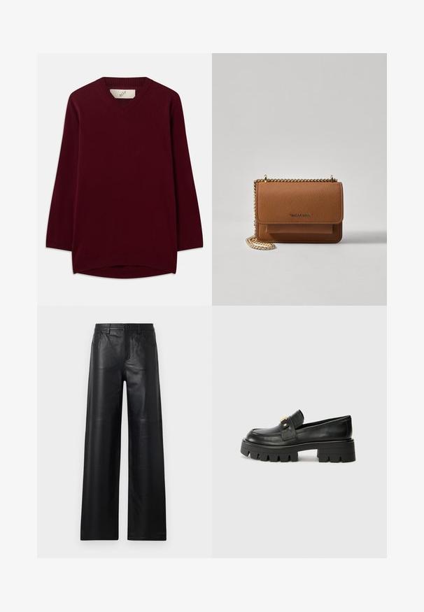 Burgundska pulover s V-izrezom, narejena iz mehkega materiala, ima dolge rokave in ribje pletene obrobe na izrezu in robu, z zaobljenim dnom.; Široke črne usnjene hlače gladke teksture, s sprednjimi žepi, gumbom za zapiranje in subtilnimi detajli šivanja.; Črne usnjene loaferje z debelim podplatom, ki imajo zlatoten naglas na sprednji strani in gladko površino. Debela oblika profila na podplatu.; Rjava teksturirana usnjena torba čez ramo z zlatim verižnim trakom in zapiranjem na pokrov. Spredaj je vidna podrobnost logotipa in žep pod pokrovom.