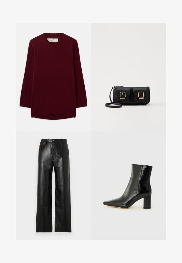 Sweater bordeaux com decote em V, feito de um tecido macio, apresenta mangas longas e remate de malha canelada na gola e na barra, com um fundo arredondado.; Calças de pele pretas de perna larga com acabamento lustroso, apresentando bolsos frontais, fecho de correr e botão. Textura lisa em toda a peça.; Botim preto até ao tornozelo, feito de couro brilhante, com bico apontado e um salto grosso e quadrado. Apresenta uma textura suave e um design minimalista.; Bolsa de ombro em couro preto com dois bolsos frontais, fivelas douradas, fecho de zíper e uma alça fina. Superfície texturizada e forma retangular compacta.