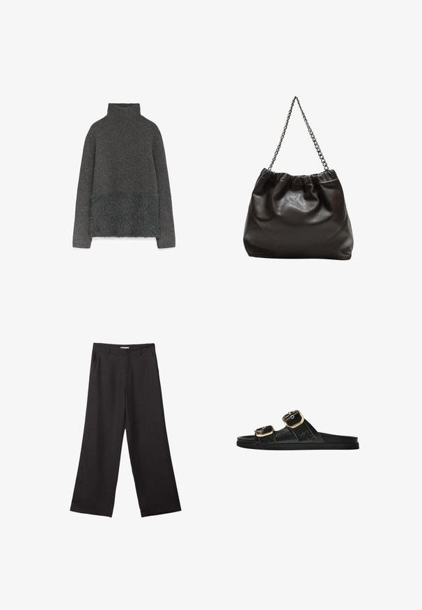 Szary sweter dzianinowy z golfem, z miękkim panelem z futra syntetycznego u dołu. Tekstura kontrastuje między prążkowanym a gładkim wykończeniem.; Czarne spodnie z szerokimi nogawkami, wykonane z gładkiego materiału, z przednim zamkiem błyskawicznym i dwoma bocznymi kieszeniami, o dopasowanym kroju i minimalistycznym wzornictwie.; Czarne klapki z dwoma złotymi klamrami, gładki materiał, płaska podeszwa i minimalistyczny design.; Brązowa skórzana torba z marszczonym szczytem i łańcuszkowym paskiem. Gładka tekstura z błyszczącym wykończeniem i subtelnymi detalami szwów po bokach.