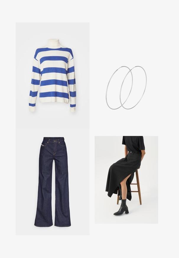 Stripet sweater med høj krave, der har vekslende brede blå og cremefarvede striber, strikket tekstur og løstsiddende ærmer.; Mørkeblå bredbenede jeans i denimstof med høj talje, prydet med orange stikninger, fem-lomme design og knaplukning.; Sort linned maxi-nederdel med en høj slids, båret med en sort t-shirt og sorte ankelstøvler. Minimalistisk design med en afslappet pasform.; Sølvøreringe med et minimalistisk design. Cirkulær form, glat tekstur og tynd profil. Letvægtige med en poleret overflade.