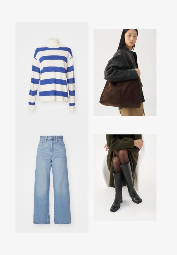 Gestreifter Pullover mit hohem Stehkragen, der abwechselnd breite blaue und cremefarbene Streifen zeigt, mit gestrickter Textur und weit geschnittenen Ärmeln.; Hellblaue High-Waist-Weite-Leg-Jeans mit Knopf- und Reißverschluss vorne, Vorder- und Rückentaschen, auf weißem Hintergrund.; Knöchelhöhe schwarze Lederstiefel mit quadrater Spitze und Blockabsatz, gezeigt mit einem Modell, das einen olivgrünen Mantel trägt. Glatte Textur, minimale Details.; Braune Wildleder-Tasche mit breiter Form und weicher Textur, ausgestattet mit einem einzigen Tragegurt und minimalem Zubehör vor einem neutralen Hintergrund.