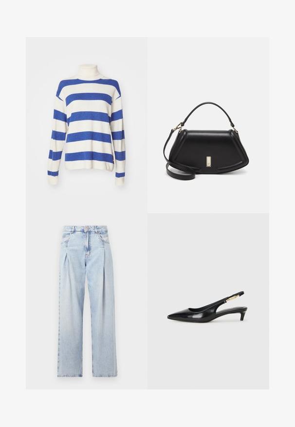 Stripet genser med høy krage, med vekslevis brede blå og kremfargede striper, strikket tekstur og løstsittende ermer.; Lyseblå denimjeans med høy livlinje, vide ben, to sidelommer og plisserte detaljer. Myk tekstur med en falmet finish.; Sorte lærreim hæler med spiss tå, som har en slank hæl og en gullfarget detalj på den justerbare stroppen. Glatt tekstur.; Sort lærveske med en strukturert design, som har en avkortet form, topphåndtak og detaljer i gull. Justerbar skulderstropp inkludert.
