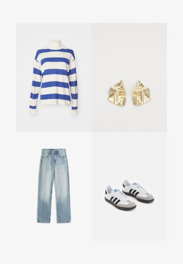 Stripet sweater med høj krave, der har vekslende brede blå og cremefarvede striber, strikket tekstur og løstsiddende ærmer.; Lyseblå denimjeans, høj talje, med lige ben. Har klassisk fem-lomme design og subtil falming foran.; Sportsko med en overdel i hvid læder, grå ruskind på tåen og tre sorte striber. Har et blåt logo på tungen og en struktureret gummisål.; Guldmetalløreringe med et bølget design; glat, reflekterende overflade; asymmetrisk form; ingen synlige mønstre eller hardware.