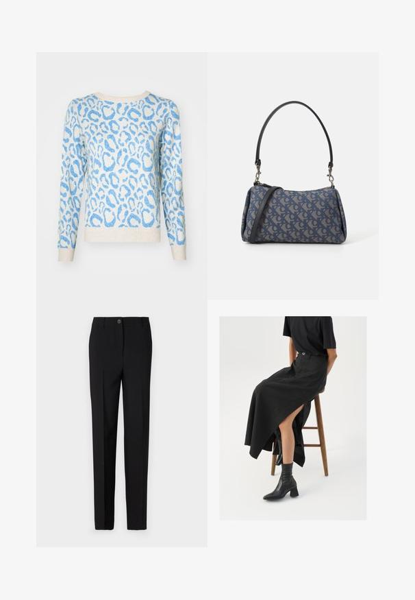 Sweater com padrão de leopardo em azul claro e creme, feito de um tecido de malha suave. Apresenta um decote redondo e mangas longas.; Calças pretas ajustadas com um design de perna reta, apresentando fecho de botão e passantes para cinto, feitas de tecido suave.; Saia maxi de linho preta com uma fenda alta, usada com uma t-shirt preta e botas cano curto pretas. Design minimalista com um corte descontraído.; Bolsa de padrão azul feita de tecido, com um formato curvo, alça de couro preto e design de logotipo em uma tonalidade mais clara.