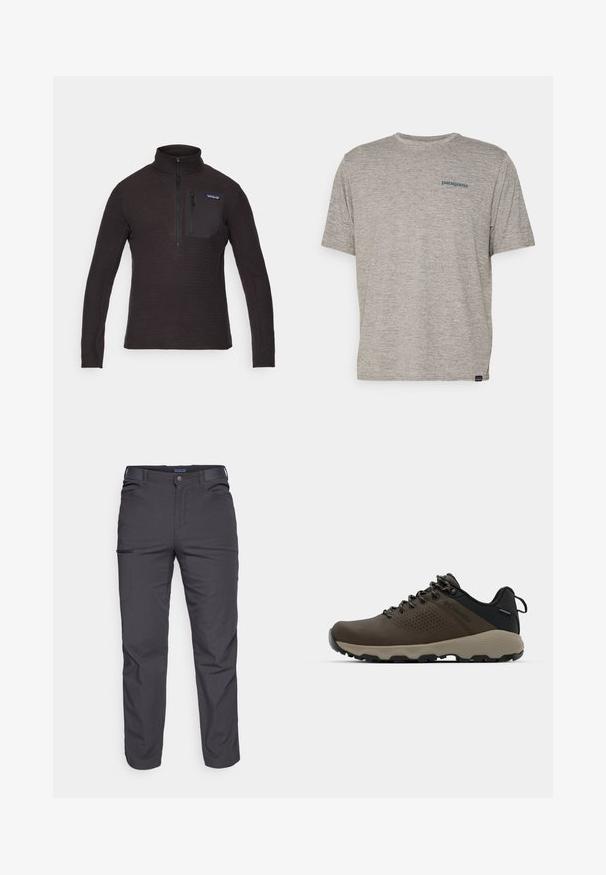 Črn flis pulover z visokim ovratnikom, pol-ziro fronto in žepom na prsih z zadrgo. Ima teksturiran vzorec in dolge rokave.; Siva majica s kratkimi rokavi iz mehkega, strukturiranega blaga, na levi strani prsnega dela z majhnim modrim logotipom Patagonia. Brez dodatnih vzorcev.; Temno sivi hlače iz trpežnega materiala, ki vsebujejo žep na zadrgo, ravno krojenje in zanke za pas za prilagodljivo prileganje.; Rjave vodoodporne superge z teksturiranim zgornjim delom, perforiranimi detajli, črno podporo za peto in sivo gumijasto podlogo. Šnure imajo metalne konice.