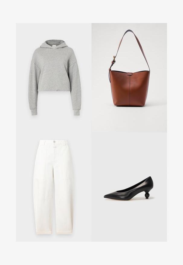 Felpa grigia cropped realizzata in tessuto morbido, con cappuccio, maniche lunghe e un discreto dettaglio logo sul petto.; CLOSED RHANNON - Wide Leg - ivory; Scarpa con tacco alto in pelle nera, con punta affilata e tacco arrotondato e bombato. Texture liscia con un design elegante e minimalista.; Borsa a spalla in pelle marrone con forma curvata, texture liscia e una sottile tracolla. Presenta una cucitura discreta e un piccolo dettaglio con logo.