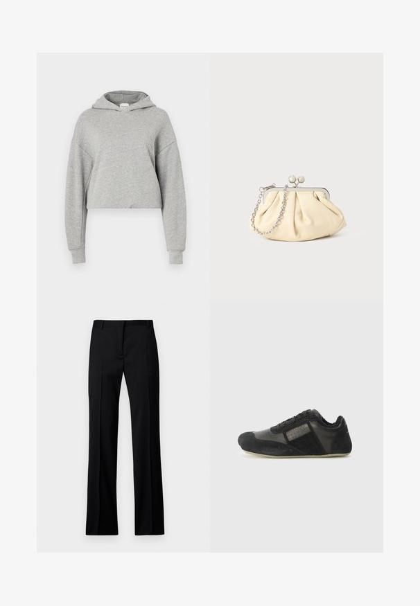 Skraćeni sivi dukserica od mekog materijala, sa kapuljačom, dugim rukavima i diskretnim logotipom na prsima.; Crne ravne hlače od glatke tkanine, s ravnim prednjim dijelom, petljama za remen i bez vidljivih džepova ili ukrasa.; Crna atletska tenisica izrađena od antilopa i kože. Ima zaobljeni vrh, vezivanje na vezice, teksturirane detalje i fleksibilnu unutrašnjost.; Nabrana bež kožna torbica s srebrnim metalnim okvirom, koja sadrži dva okrugla dekorativna kopčanja i srebrnu lančanu naramenicu.