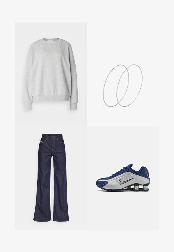 Jasnoszara bluza z miękkiego materiału, z okrągłym dekoltem, opadającymi ramionami oraz ribbowymi mankietami i dolnym wykończeniem dla luźnego kroju.; Ciemnoniebieskie dżinsy szerokie w nogawkach wykonane z denimu, z wysokim stanem, z pomarańczowymi przeszyciami, pięcioma kieszeniami i zapięciem na guzik.; Niebieskie i srebrne buty sportowe z teksturowaną cholewką, perforacjami i zakrzywioną podeszwą z metalicznymi elementami amortyzującymi. Czarny akcent z logo.; Srebrne kolczyki w formie obręczy o minimalistycznym designie. Okrągły kształt, gładka faktura i cienki profil. Lekkie, z polerowanym wykończeniem.