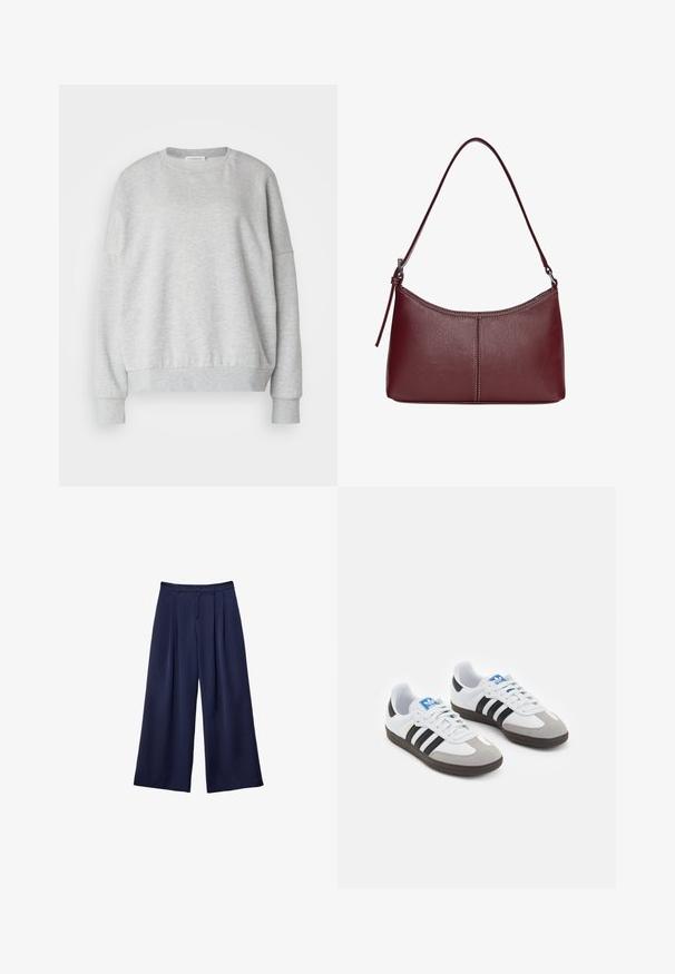 Svetlošedý mikina vyrobená z jemnej látky, s okrúhlym výstrihom, spustenými plecami a ribbovanými manžetami a lemom pre uvoľnený strih.; Námornícky modré široké nohavice s pukmi, zapínaním na gombík a pútkami na opasok, zobrazené ležiace na bielom pozadí.; Športové topánky s bielym koženým zvrškom, šedou semišovou špičkou a tromi čiernymi pruhmi. Obsahujú modré logo na jazyku a štruktúrovanú gumovú podrážku.; Bordová kožená kabelka s zakriveným tvarom, s jedným ramenným popruhom a prešitými detailmi v strede. Hladký povrch, minimalistické príslušenstvo.