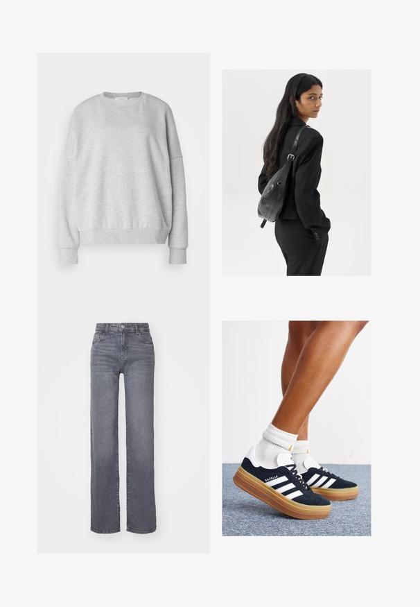 Sweatshirt cinza claro feito de tecido macio, com decote redondo, ombros caídos e punhos e bainha canelados para um ajuste confortável.; Jeans largos cinzentos feitos de denim com uma textura suave, apresentando um fecho de botão e zipper, e cinco bolsos.; Ténis de camurça preta com riscas e detalhes brancos, biqueira arredondada, sola em borracha cor de goma, combinados com meias brancas caneladas até à altura do tornozelo.; Mulher com cabelo longo e escuro, vestindo um fato preto, carregando uma mala de ombro em pele preta, olhando por cima do ombro contra um fundo branco.