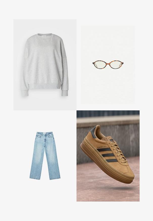 Světle šedá mikina vyrobená z měkké látky, má kulatý výstřih, spadlé ramena a žebrované manžety a lem pro uvolněný střih.; Světle modré džíny s širokými nohavicemi a vysokým pasem, s bledým odstínem a malými, rozptýlenými detaily opotřebení po celém povrchu.; Světlé semišové tenisky s hladkou texturou, se třemi tmavými pruhy, zaoblenou špičkou a silnější podrážkou se vzorovaným okrajem.; Želvovinové brýle s oválnými čočkami a hladkým, jemným povrchem. Má tenké bočnice s jemným zakřivením v chrámcích. Čiré čočky.