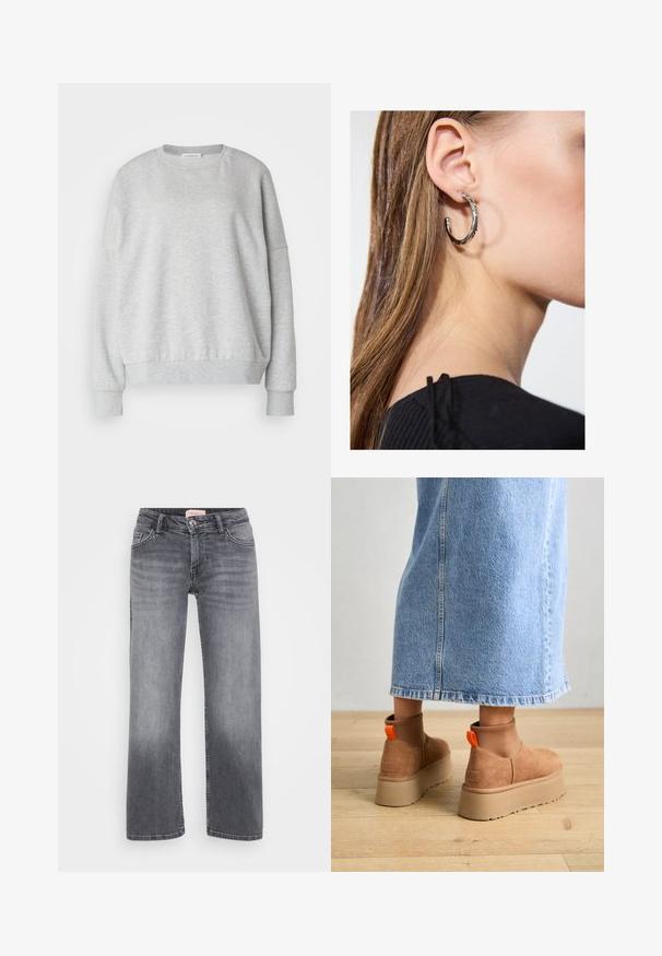 Felpa grigia chiara realizzata in tessuto morbido, con scollatura rotonda, spalle basse e polsini e orlo a coste per una vestibilità rilassata.; Jeans in denim grigio con design a gamba dritta, stile a cinque tasche, leggera sbiaditura e chiusura con bottone in vita.; Stivali platform in suede marrone con pannelli laterali elastici e linguette arancioni, abbinati a una gonna di jeans chiara, lunga fino al ginocchio, su un pavimento di legno.; Orecchino a cerchio in argento con finitura lucida, caratterizzato da piccoli dettagli in oro e una forma tondeggiante, indossato sul lobo.