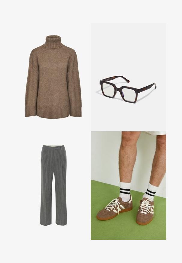 Pieces PCNANCY LS LOOSE ROLL NECK NOOS BC
- Strickpullover - fossil; Graue pantalons mit feinen Streifen, maßgeschneidertem Schnitt, flachem Bund und weitem Bein. Aus einem glatten, leichten Stoff gefertigt.; Braune Wildleder-Sneaker mit weißen Akzenten und Schnürsenkeln. Gummisohle in Kautschuk-Optik. Getragen mit weißen Socken, die schwarze Streifen haben. Grüner strukturierter Fußboden.; Quadratische Sonnenbrillen mit einem Rahmen aus Schildpatt-Acetat und klaren Gläsern. Verfügt über breite Bügel und eine matte Oberfläche, die die Gesamtbeständigkeit erhöht.; Cremfarbene Leder-Schultertasche mit einer Halbmondform, dünnem Schulterriemen und subtilen Stichdetails. Minimalistisches Design mit goldfarbenen Hardware-Akzenten.