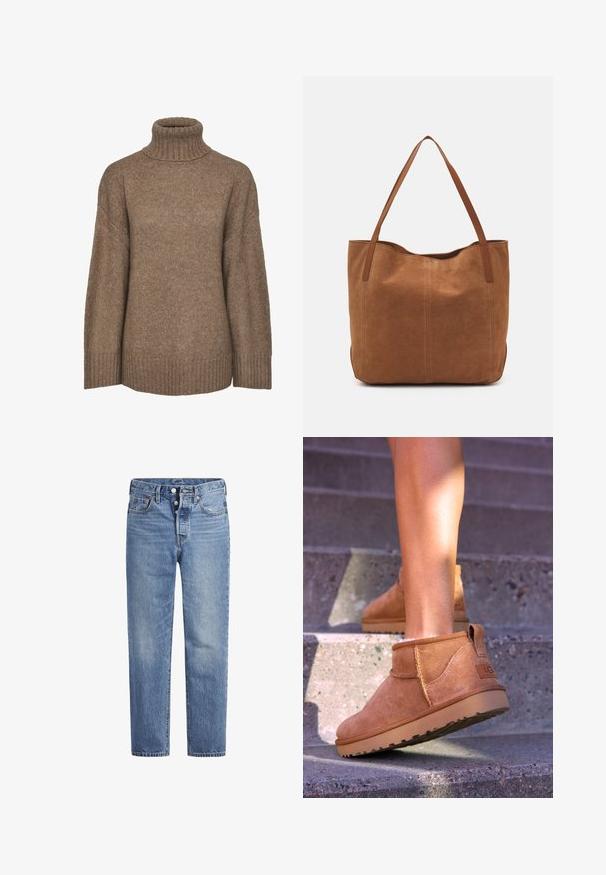 Pieces - Sweter; Jasnoniebieskie jeansy denimowe o prostym kroju, z pięcioma kieszeniami i zapięciem na guziki. Charakteryzują się delikatnym wyblaknięciem oraz pomarańczowymi przeszyciami.; Brązowe zamszowe botki za kostkę o miękkiej teksturze, z przeszyciami i gumową podeszwą, wyposażone w pętelkę na pięcie dla łatwego zakładania.; Brązowa zamszowa torba tote z dwoma długimi uchwytami, charakteryzująca się gładką teksturą, prostym wzornictwem oraz brakiem widocznych elementów metalowych czy akcentów.