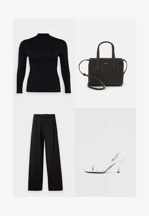 Črn dolg rokav turtleneck vrhnji del, izdelan iz mehkega in gladkega materiala. Ozek kroj z visokim ovratnikom in ravnim robom, s minimalnimi šivi in brez vzorcev.; Črne široke hlače z gladko teksturo, ki imajo raven sprednji del in krojen pas. Preprost dizajn brez vidnih dodatkov ali vzorcev.; Srebrna patentna usnjena sandala na visoki peti s ozkim pasom za prste, nastavljivim zaponcem in vitkim petami.; Črna torbica z dvema kratkima ročajema in odstranljivim naramnim trakom. Gladek usnju podoben material z zadrgo in podrobnostmi z logotipom.