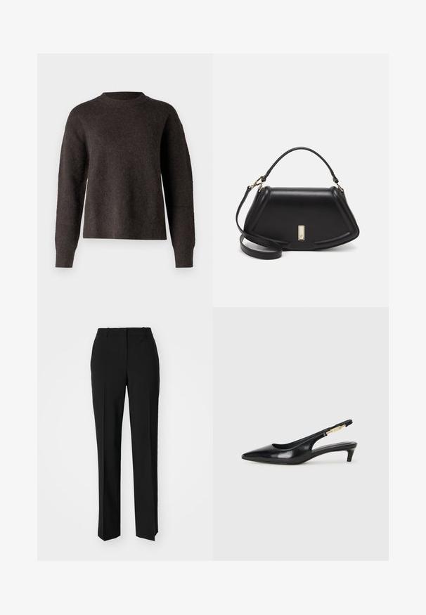 Samsøe Samsøe ANOUR  - Trui - chocolate torte; Zwarte op maat gemaakte broek met een recht model, voorzien van een soepele textuur en scherpe plooien aan de voorkant. Geen zichtbare hardware.; Zwarte leren slingback hakken met een spitse neus, voorzien van een slanke hak en een goudkleurige accent op de verstelbare band. Gladde textuur.; Zwarte leren handtas met een gestructureerd ontwerp, featuring een verkorte vorm, bovenhandvat en gouden hardwareaccent. Inclusief verstelbare schouderband.