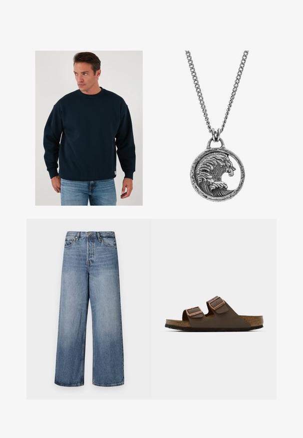 Felpa blu navy con collo rotondo, maniche lunghe, vestibilità comoda, colletto e polsini ribattuti, realizzata in morbido materiale misto cotone.; Maglietta a maniche lunghe con righe orizzontali blu navy e bianche, colletto tondo, in cotone e dalla vestibilità comoda.; Jeans in denim blu a gamba larga con lavaggio sbiadito, design a cinque tasche e chiusura con bottone. Dotati di passanti per cintura e dettagli cuciti.; Sandalo marrone a due cinturini con fibbie in tono rame, plantare in sughero e suola in gomma. Design elegante con cinturini regolabili per una vestibilità ottimale.; Collana d'argento con ciondolo circolare decorato con un motivo di onda e leone, texture dettagliata e una catena con maglie alternate lisce e testurizzate.