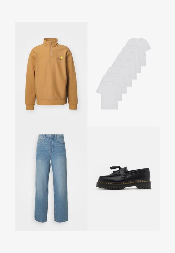 Sweatshirt en polaire beige ; avec un col zippé sur la moitié, des poignets côtelés et un logo contrastant sur la poitrine.; T-shirts en coton blanc, à manches courtes, design col rond, texture uniforme, empilés en rangée, avec un logo subtil au niveau de l'encolure.; Jeans en denim léger bleu clair taille haute avec des jambes droites, fermeture à bouton à l'avant et style à cinq poches sur fond uni.; Mocassin en cuir noir avec un accent à frange, doté d'une semelle épaisse noire et d'une couture jaune le long du bord. Fini texturé.