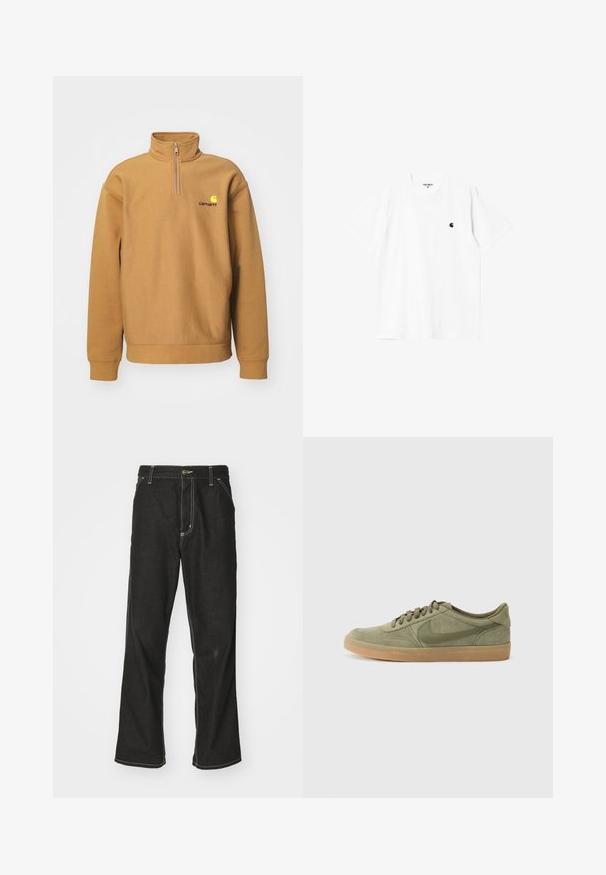 Pullover sweatshirt i tan fleece materiale; har en halvlange lynlås hals, ribbede manchetter og et kontrasterende logo på brystet.; Hvid bomulds t-shirt med korte ærmer, rund hals og et lille sort logo på venstre bryst. Blød tekstur og standard pasform.; Sorte denimjeans med løs pasform, der har kontrasterende hvid syning, en knaplukning og et lige ben-design.; Grønne nubuck sneakers med gummirubbersål, rund tå og snørebåndsdesign. Har Nikes signaturlogo i en mørkere grøn.