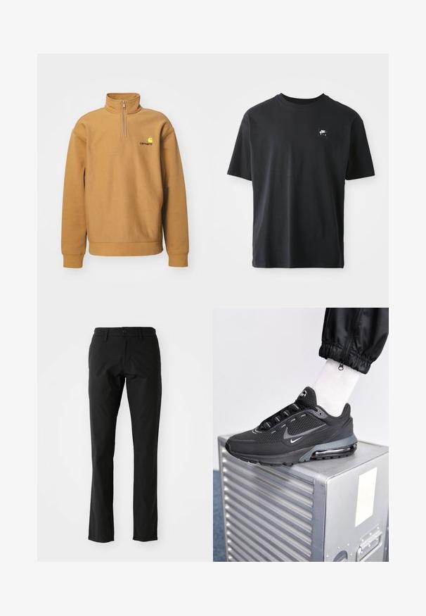 Pullover sweatshirt in tan fleece material; features a half-zip neck, ribbed cuffs, and a contrasting logo on the chest.; Black cotton t-shirt with short sleeves, crew neck, featuring a small rectangular logo with "NIKE AIR" in white on the left chest.; Black trousers made of lightweight fabric, featuring a straight leg design, front button closure, and side pockets. Smooth texture.; Nike Sportswear PULSE - Trainers - black/anthracite