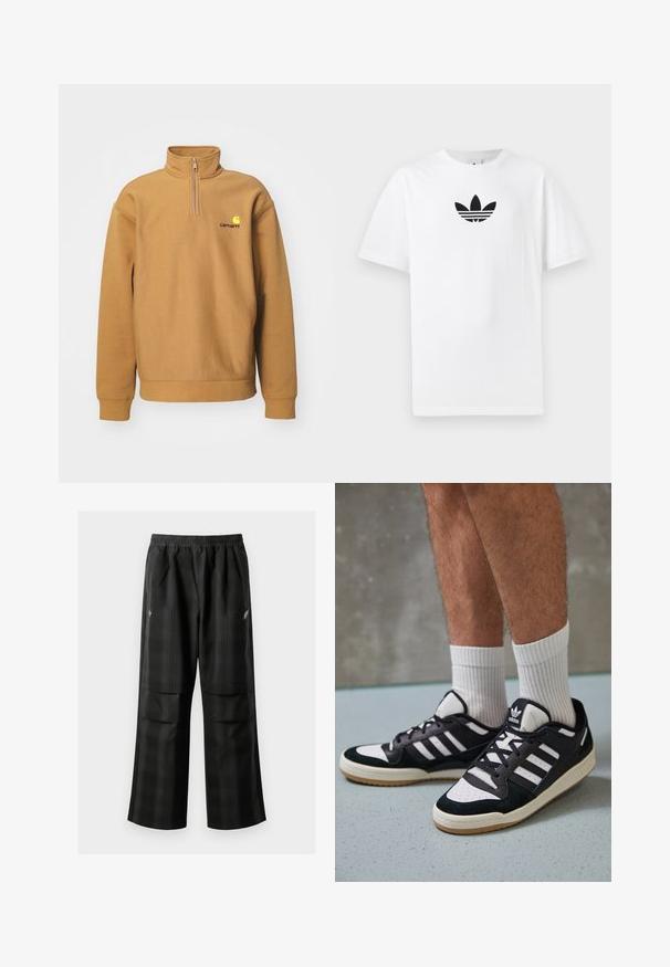 Kohandri fliissmaterjalist beež pullover; omab pooltõmbluku kaela, ribakraanide ja kontrastse logoga rinnal.; Valge puuvillane T-särk, millel on must Adidas logo keskel. Lühikesed varrukad ja ümmargune kaelus. Sile tekstuur.; Mustas ruudulised püksid, millel on elastne vöökoht, kaks esimest taskut ja laiem lõige sirge jala disainiga. Valmistatud kergest materjalist.; Mustvalged ja valged spordijalatsid, mille pealmine osa on valmistatud suede'ist ja nahast. Kingadel on kolm valget riba, auguline varvas ja kummist tald.