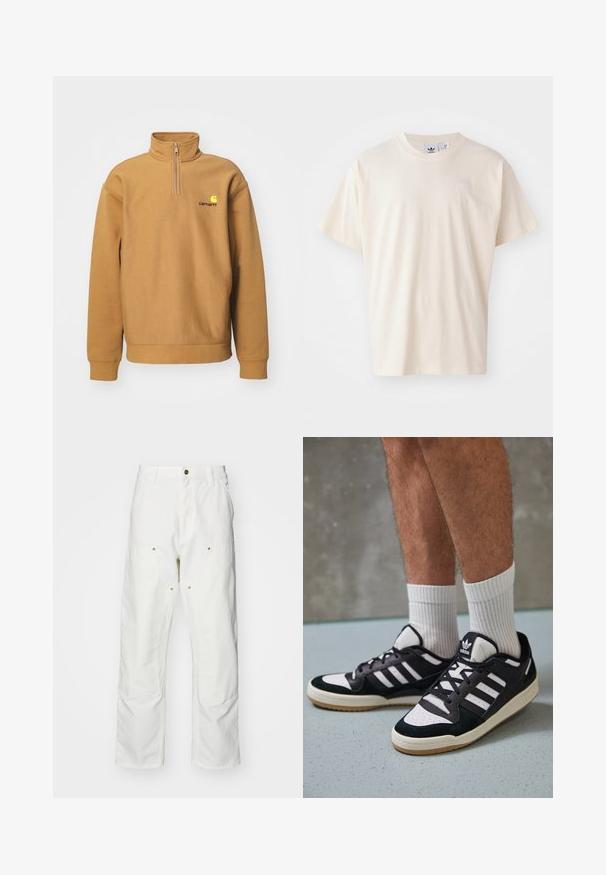 Sweatshirt en polaire beige ; avec un col zippé sur la moitié, des poignets côtelés et un logo contrastant sur la poitrine.; T-shirt en coton crème avec un col rond et des manches courtes ; présente un petit logo de couleur claire sur la poitrine.; Pantalons cargo en coton blanc avec une coupe décontractée. Les caractéristiques incluent des poches avant, des accents en métal doré et des sections de genoux renforcées.; Baskets noir et blanc avec une tige en suède et cuir, comportant trois rayures blanches, un bout perforé et une semelle en caoutchouc gum.