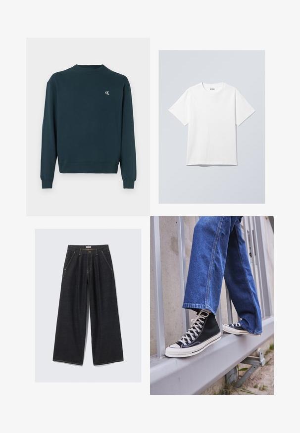 Ciemnozielona bluza crewneck z bawełny z długimi rękawami, ściągaczami na mankietach i małym białym logo na piersi. Gładka faktura.; Biała bawełniana koszulka z okrągłym dekoltem, krótkimi rękawami i luźnym krojem. Ma etykietę z nazwą marki "WEEKDAY" na dekolcie.; Ciemnoniebieskie spodnie o szerokich nogawkach z plisami z przodu, ukośnymi kieszeniami, szlufkami na pasek oraz zapięciem na guzik w pasie, oznaczone "WEEKDAY."; Czarne sneakersy za kostkę z białą podeszwą i sznurówkami, w połączeniu z luźnymi niebieskimi dżinsami, opierające się na szarym balustradzie.