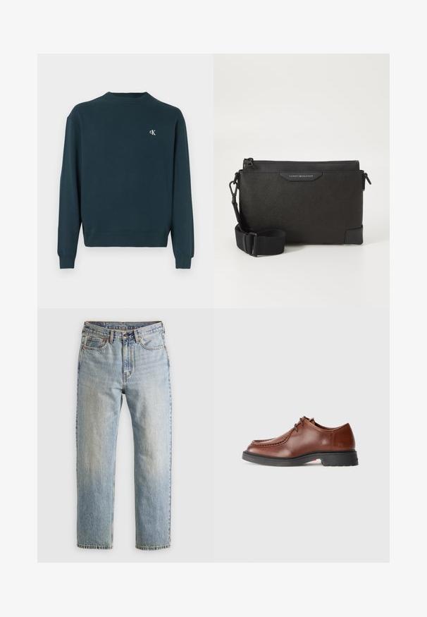 Donkergroene crewneck-trui van katoen met lange mouwen, geribbelde manchetten en een klein wit logo op de borst. Soepele textuur.; Lichtblauwe denim jeans met hoge taille, frontknop, rits en vijfzakkenontwerp, plat gelegd op een neutrale achtergrond.; Bruine leren dresschoen met een ronde neus, contrasterende stiksels, vetersluiting en een gestructureerde zwarte rubberen zool.; Zwarte leren schoudertas met een getextureerd oppervlak, voorzien van een ritssluiting en een verstelbare schouderband. Logo label aan de voorkant. Rectangulaire vorm.