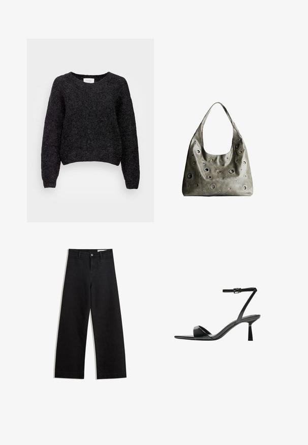 Black cropped sweater with a textured knit pattern, wide sleeves, and a round neckline. Label visible at the back.; Black wide-leg denim pants with a high waist, featuring front and back pockets, stitched seams, and a button closure. Smooth texture.; Bershka High heeled sandals - black; Olive green leather handbag with a slouchy design, featuring various sized circular cutouts and accents in darker and lighter shades.