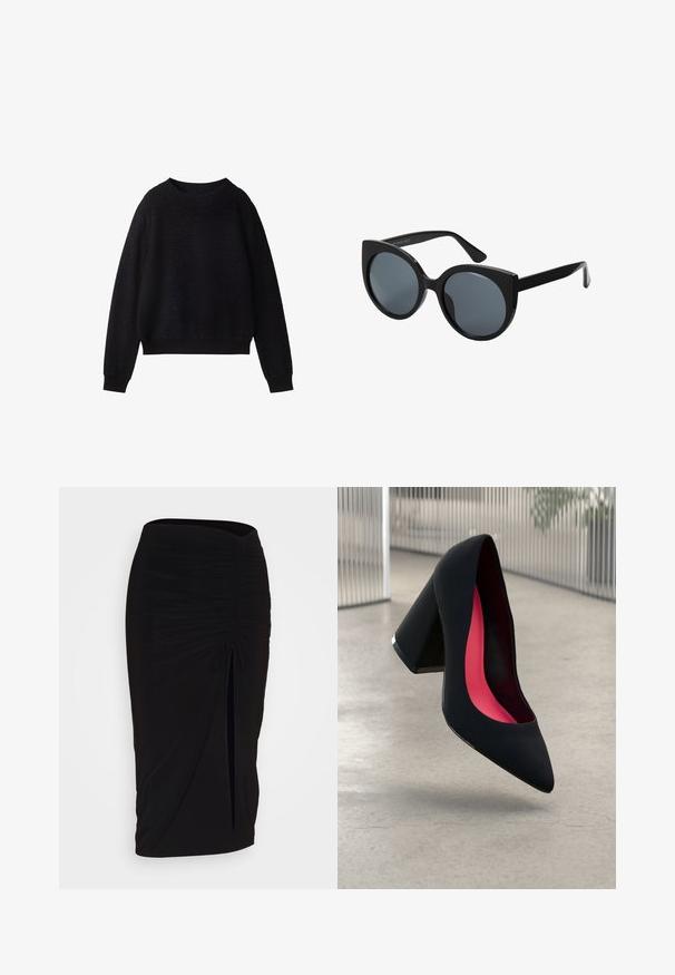Maglione nero con un design in knit testurizzato, scollatura a girocollo, maniche lunghe e orlo a coste. Presenta una vestibilità rilassata e un tessuto morbido.; Gonna a tubino nera, arricciata, con dettaglio a fiocco e uno spacco laterale. Realizzata in un tessuto elasticizzato, presenta una texture liscia e un design aderente.; Scarpa con tacco alto nera, con punta affusolata, superficie testurizzata e un vivace interno rosa. Presenta un tacco spesso con un accento argentato.; Occhiali da sole oversize neri con forma a occhio di gatto, lenti scure e montatura in plastica lucida. Presentano aste spesse per maggiore supporto.
