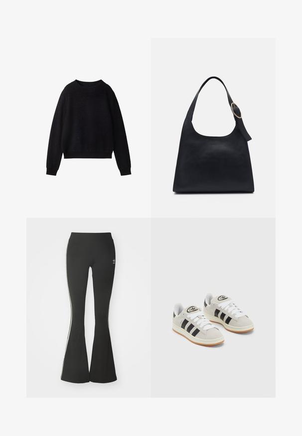 Pull noir avec un design tricoté texturé, col rond, manches longues et ourlet côtelé. Il présente une coupe décontractée et un tissu doux.; Leggings évasés noirs en tissu extensible, dotés d'une taille haute et de rayures blanches sur les côtés. Comprend un petit logo à la taille.; Baskets en suède gris avec des lacets blancs, des rayures noires et une semelle en caoutchouc blanc. Présentent un logo circulaire sur la languette et une semelle en gomme.; Sac en cuir noir avec une texture lisse, un corps arrondi et une seule anse, ornée d'un accent en métal doré rond.