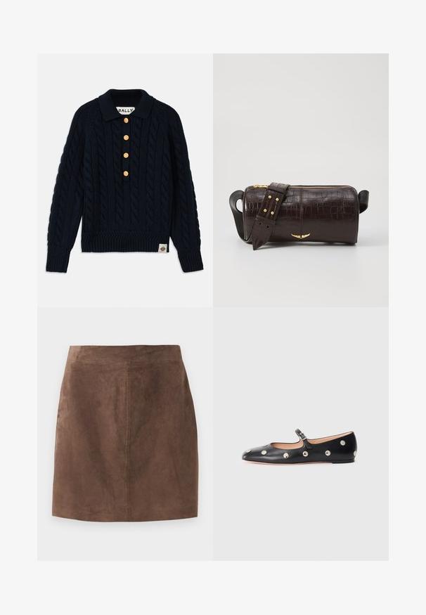 Tamsiai mėlynas megztinis su kabelių raštu, gaubtu ir rankogaliais, turi penkias auksines mygtukas ir logotipo ženklelį apatinėje briaunoje.; Ruda nubuko sijonas su lygiu paviršiumi, A formos ir paprastu juosmeniu. Siuvimo detalės einančios vertikaliai per nugarą.; Juodų odinių Mary Jane plokščių batų su apvaliu pirštu, papuoštų sidabriniais apvaliais nagais ir reguliuojamu dirželiu su sagtimi.; Ruda krokodilo odspaudo odinė rankinė cilindro formos, su auksinėmis detalėmis ir nuimamu dirželiu, papuoštu studelėmis.