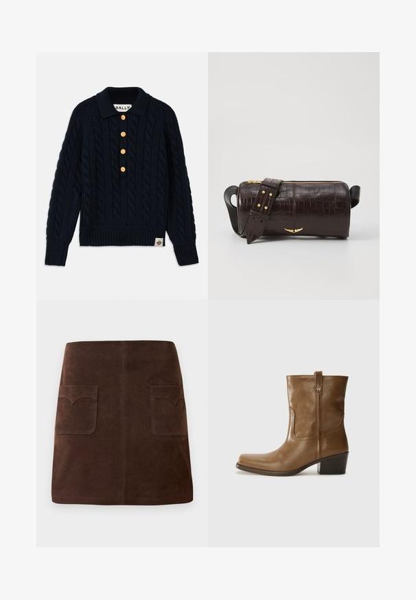 Tumesinine kootud sviiter, millel on kabelimuster, soonikkoes krae ja varrukad, viie kuldse nööbiga ning logopatch alumisel serval.; Pruun seemisabal, millel on klassikaline A-linja kuju, kaks eesmist taskut ümarate klappidega ja peened tikandi detailid.; Pruun nahkne ankle boot ruudukujulise varbaga, tekstuuriga viimistluse ja madala virnastatud kontsaga. Sisaldab taga tõmbeaasat ja peeneid õmbluse detaile.; Pruunist krokodillimustrist nahast kott, millel on silindri kuju, kuldse tooni metalldetailid ja eemaldatav rihm, kus on nupud.