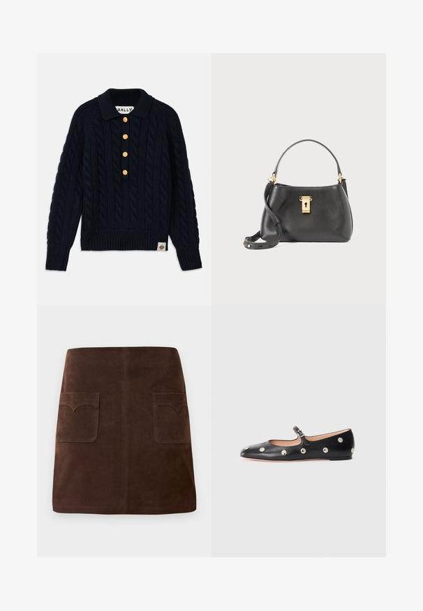 Granatowy sweter z dzianiny z wzorem w warkocze, z prążkowanym kołnierzem i mankietami, posiada pięć złotych guzików oraz naszywkę z logo na dolnym brzegu.; Brązowa zamszowa spódnica w klasycznym kształcie A, z dwiema przednimi kieszeniami z zaokrąglonymi klapami i subtelnymi detalami szewnymi.; Czarne skórzane buty typu Mary Jane na płaskim obcasie z zaokrąglonym czubkiem, ozdobione srebrnymi okrągłymi ćwiekami oraz regulowanym paskiem z klamrą.; Czarna skórzana torebka o teksturowanym wykończeniu, z zamknięciem na złoty zamek, krótkim uchwytem i odczepianym paskiem na ramię.