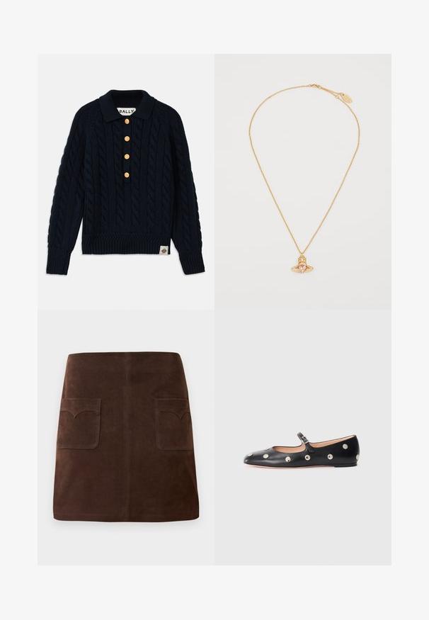 Navy adīta džemperis ar kabeli rakstu, ribota apkakle un piedurknes, satur piecus zeltainus pogas un logo uzlīmi apakšējā malā.; Brūns zamšādas svārki ar klasisku A-line formu, divām priekšējām kabatām ar noapaļotiem vāciņiem un smalkiem šuvju detaļām.; Melna ādas Mary Jane līdzena zābaku ar noapaļotu purngalu, kurā ir sudraba apaļie kniedes un regulējama siksniņa ar sprādzi.; Zelta ķēdes kaklarota ar sirds formas rozā dārgakmens piekariņu, kas ietver ģeometrisku dizainu un mazus caurspīdīgus akcentus.