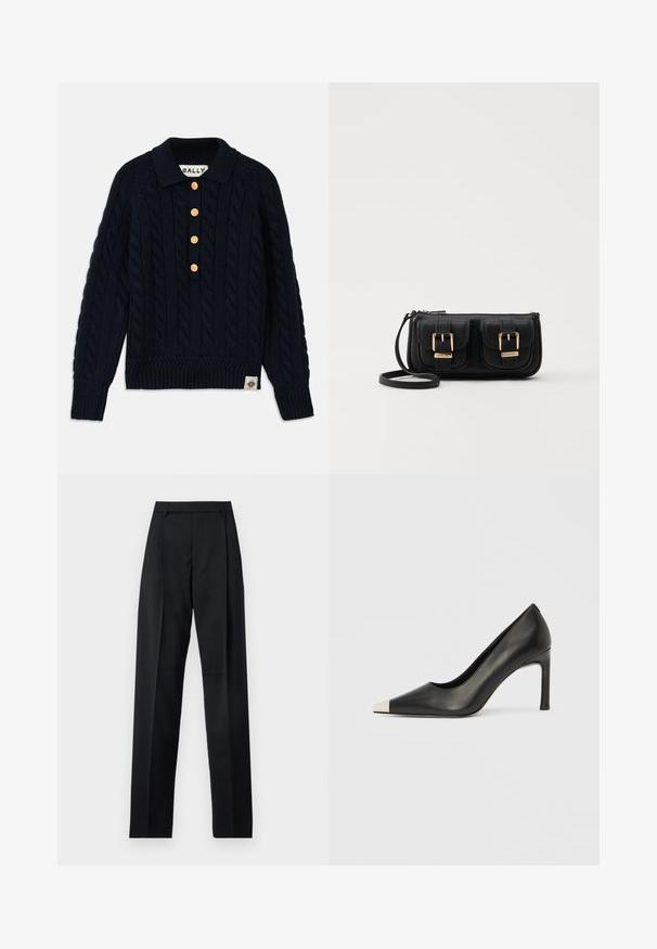 Maglione in maglia di colore blu navy con motivo a trecce, colletto e polsini a coste, presenta cinque bottoni dorati e un'etichetta con logo sull'orlo inferiore.; Pantaloni neri realizzati in tessuto morbido, caratterizzati da vita alta, gambe larghe, pince frontali e classiche passanti per cintura. Non ci sono tasche laterali visibili.; Scarpa con tacco alto in pelle nera con punta affilata e cappuccio metallico argento. Presenta una finitura liscia e un tacco sottile di 10 cm.; Borsa a tracolla nera in pelle con due tasche frontali, fibbie dorate, chiusura con zip e una tracolla sottile. Superficie texturizzata e forma rettangolare compatta.
