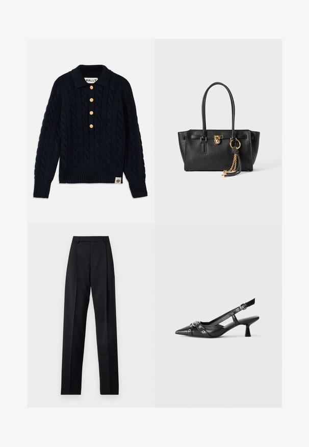 Maglione in maglia di colore blu navy con motivo a trecce, colletto e polsini a coste, presenta cinque bottoni dorati e un'etichetta con logo sull'orlo inferiore.; Pantaloni neri realizzati in tessuto morbido, caratterizzati da vita alta, gambe larghe, pince frontali e classiche passanti per cintura. Non ci sono tasche laterali visibili.; Scarpa slingback nera in pelle con punta affusolata, cinturini decorativi con occhielli metallici e tacco basso a blocco. Superficie testurizzata.; Borsa a mano in pelle nera con doppi manici, lucchetto dorato e dettaglio a catena, accessorio con nappina in bianco e nero su sfondo bianco.