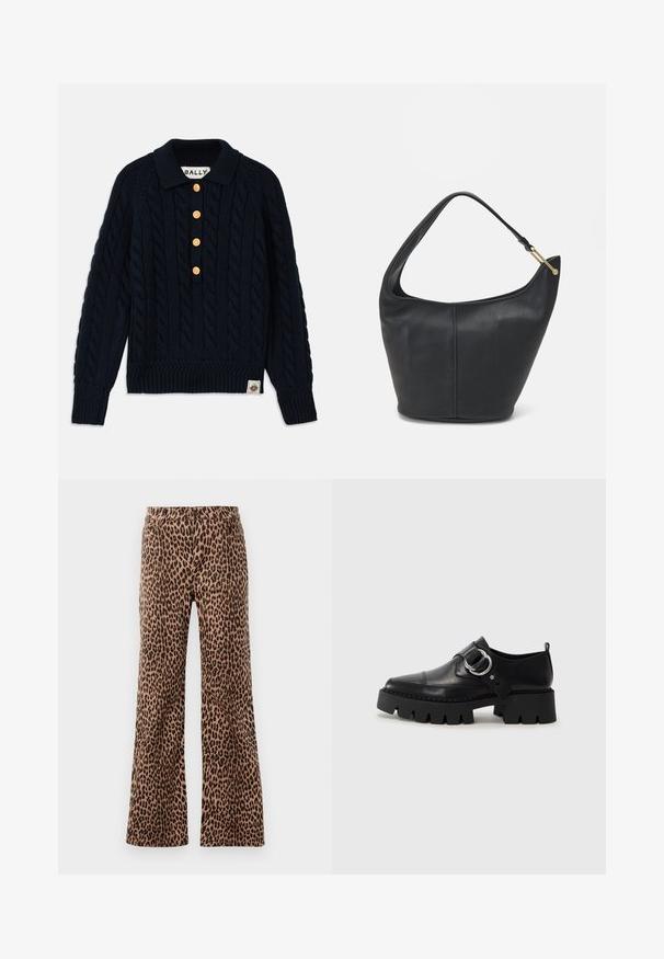 Temno modri pleteni pulover z vzorcem pletenice, rebrastim ovratnikom in manšetami, ima pet zlatih gumbov ter logotipno nalepko na spodnjem robu.; Hlače širokega kroja z leopardjim vzorcem v bež in črni barvi, z gladko teksturo in ožjim robom. Oblikovana z običajno elastiko in žepi.; Črne usnjene čevlje z debelim, rebrastim podplatom, ki imajo okroglo srebrno kovinsko dodatno opremo in minimalne šive.; Črna usnjena torbica ovalne oblike, s širokim pasom in teksturirano površino. Ima subtilno šivano podrobnost in zlate dodatke.