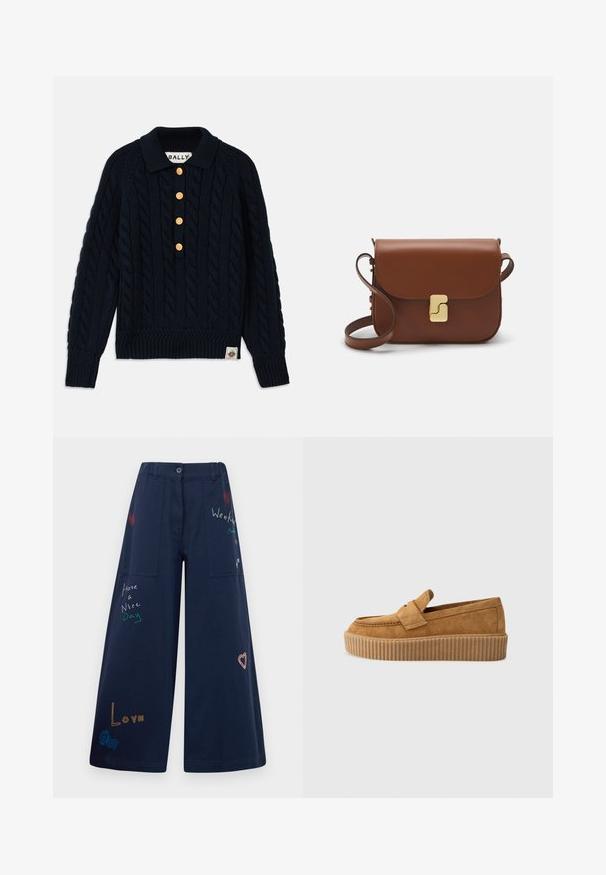 Mornarska pletena puloverica s kabelskim uzorkom, rebrastim ovratnikom i manžetama, sadrži pet zlatnih dugmadi i logotip na donjem rubu.; Mornarski plavi hlače širokih nogavica od pamuka s više džepova. Sadrži šareni izvezeni tekst i grafiku, uključujući srca i razigrane fraze.; Smešaneti mokasini od smeđeg sukna s okruglim vrhom, s rebrastim platformom i dekorativnom trakom preko gornjeg dijela.; Smeđa kožna torba s preklopom, zlatnim detaljima, remenom za nošenje preko ramena i glatkom teksturom. Kompaktni pravokutni oblik.