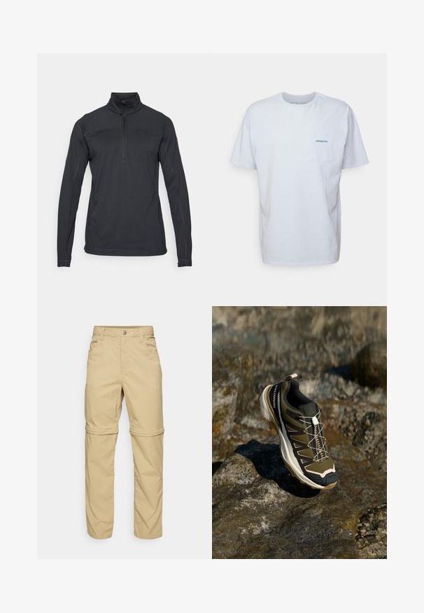 Černý pulovr s límcem na půl zip, dlouhými rukávy, strukturovanou látkou a zesíleným šitím. Vyznačuje se logem na rukávu.; Bílá bavlněná tričko s krátkými rukávy, kulatým výstřihem a kapsou na levé straně hrudi, která má modré logo "Patagonia". Klasický střih s hladkou strukturou.; Béžové kalhoty se zipem, hladkého povrchu, s dvěma bočními kapsami, knoflíkovým zapínáním a ohrnovacími manžetami pro všestranné použití.; Trekové boty v olivově zelené a černé barvě s růžovými detaily. Mají texturovaný svršek, flexibilní podrážku, vyztuženou špičku a barevný systém šněrování.