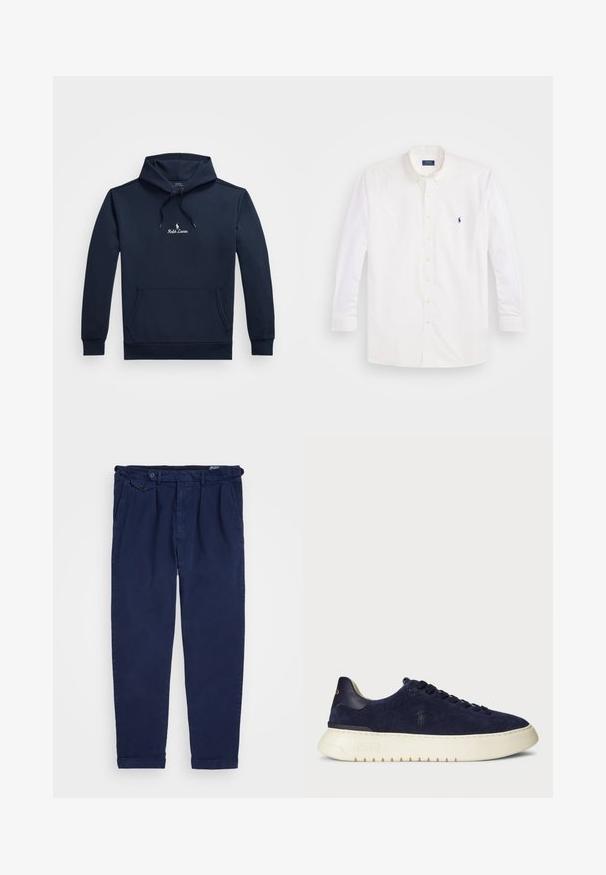Námornícky modrá mikina s kapucňou, predná vrecko na ruky, nastaviteľná šnúrka na kapucni a malé biele logo Ralph Lauren umiestnené na hrudi.; Biela košeľa s dlhým rukávom a gombíkmi vyrobená z bavlny. Má klasický golier, zlaté gombíky a malé modré logo na ľavej strane hrudi.; Námořnické chinos vyrobené z bavlny, s rovnoměrným střihem, předními sklady, zapínáním na knoflík a ohrnutými manžetami. Hladká textura s minimálním designem.; Námořnické semišové nízké tenisky s texturovaným povrchem, gumovou podrážkou a tónovými tkaničkami, přičemž na boku a patě je malé logo.