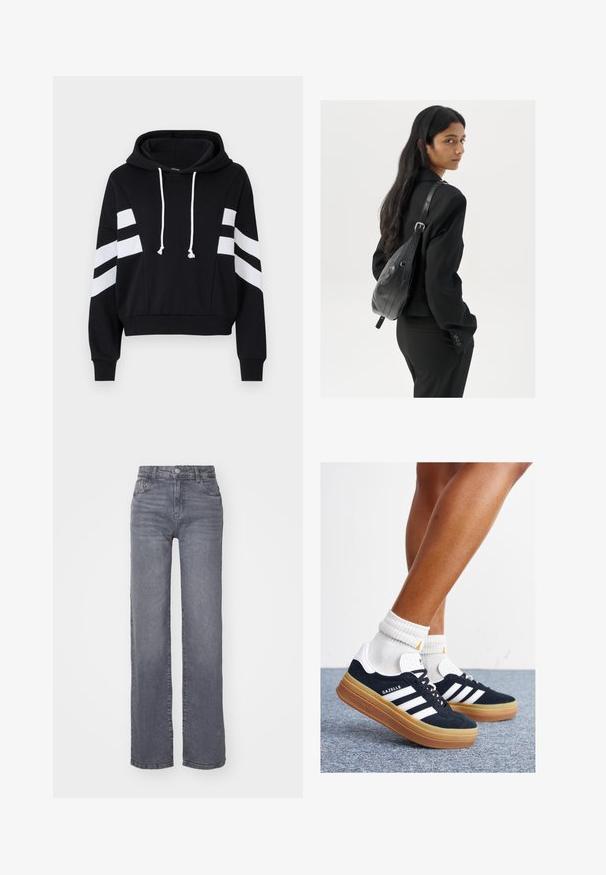 Black cropped hoodie with a drawstring and white accent stripes on sleeves. Material appears soft with a smooth texture.; Grey wide-leg jeans made from denim with a smooth texture, featuring a button and zipper closure, and five pockets.; Black suede sneakers with white stripes and accents, rounded toe, gum rubber outsole, paired with white ribbed crew socks.; Woman with long dark hair wearing a black suit, carrying a black leather shoulder bag, looking over her shoulder against a white background.