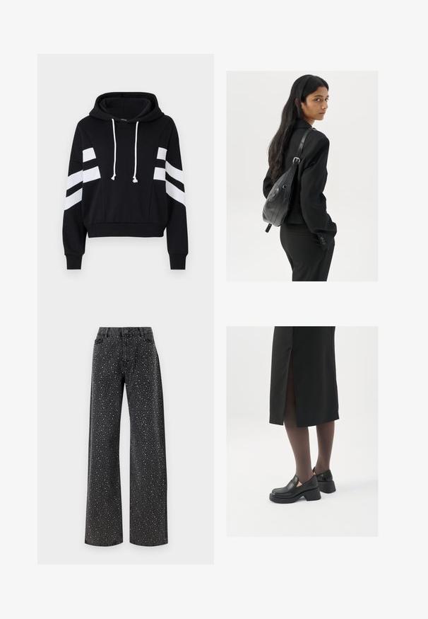 Schwarze, gekürzte Kapuzenjacke mit Kordelzug und weißen Akzentstreifen an den Ärmeln. Das Material wirkt weich und hat eine glatte Textur.; Noisy May NMJANNEL LOOSE - Jeans Relaxed Fit - black denim; Schwarze Lederschuhe mit abgerundetem Zeh, dicker Blockabsatz und elastischen seitlichen Akzenten, kombiniert mit dunklen Strumpfhosen und einem schwarzen Rock mit Schlitz.; Frau mit langen dunklen Haaren, die einen schwarzen Anzug trägt und eine schwarze Lederschultertasche hält, schaut über ihre Schulter vor einem weißen Hintergrund.