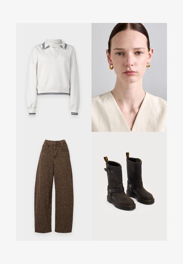 Valkoinen, lyhyt pulloveri pehmeästä kankaasta, jossa on kaulus, jossa on kaksi laivastonsinistä raitaa sekä joustavat hihansuut samankaltaisilla raidallisilla yksityiskohdilla.; Ruskean leopardikuosiset leveälahkeiset farkut, joissa on korkea vyötärö, nappisulku ja kaksi etutaskua. Valmistettu sileästä denim-kankaasta.; Tummanruskeat nahkakengät, joissa on keskipolven pituinen muotoilu, keltaiset ompeleet, säädettävät solkihihnat ja vetonauhat ylhäällä. Rapeutettu pinta.; Kultaketjut, joilla on sileä pinta, henkilöllä, jolla on vaalea iho, päällä teksturoitu kermavalkoinen kangastoppi V-kaula-aukolla.