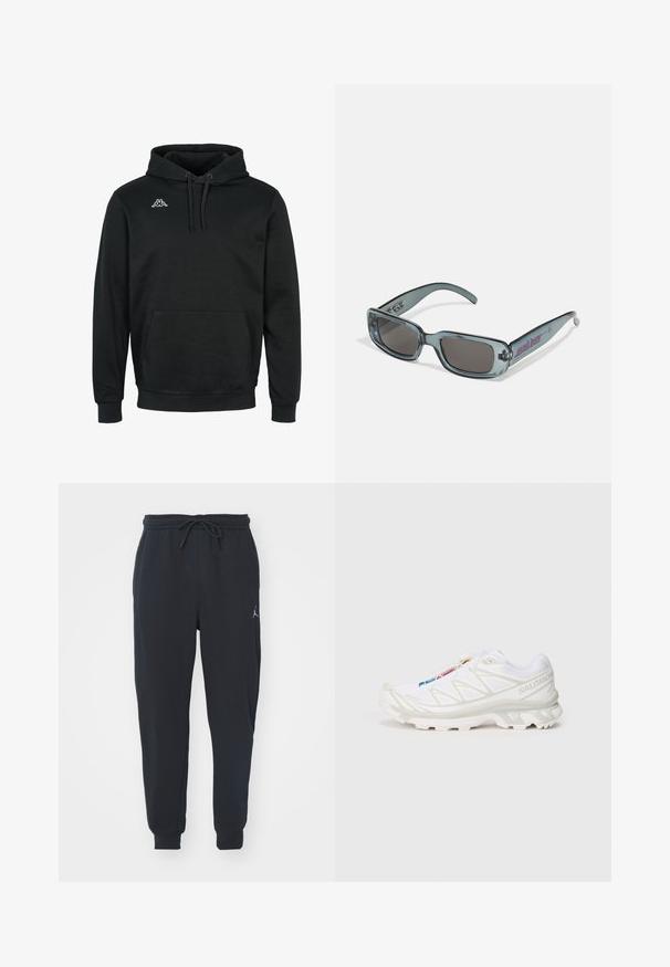 Crna kapuljača od mekog materijala, sa prednjim džepom, kapuljačom sa vezicom, rebrastim manžetama i malim bijelim logom na prsima.; Crne trenerke od mekog materijala, sa elastičnim pojasom i uzicom, rebrastim manžetama i malim logotipom na lijevom bedru.; Bijela atletska obuća s teksturiranim mrežastim gornjim dijelom, reflektirajućim detaljima i podstavljenim potplatom. Značajan logo brenda sa strane.; Santa Cruz INFERNO UNISEX - Sunčane naočale - crystal black